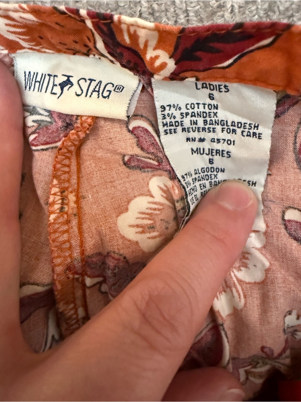 White Stag Floral Pants in Rust and Cream with Maroon Accents - Picture 6 of 6
